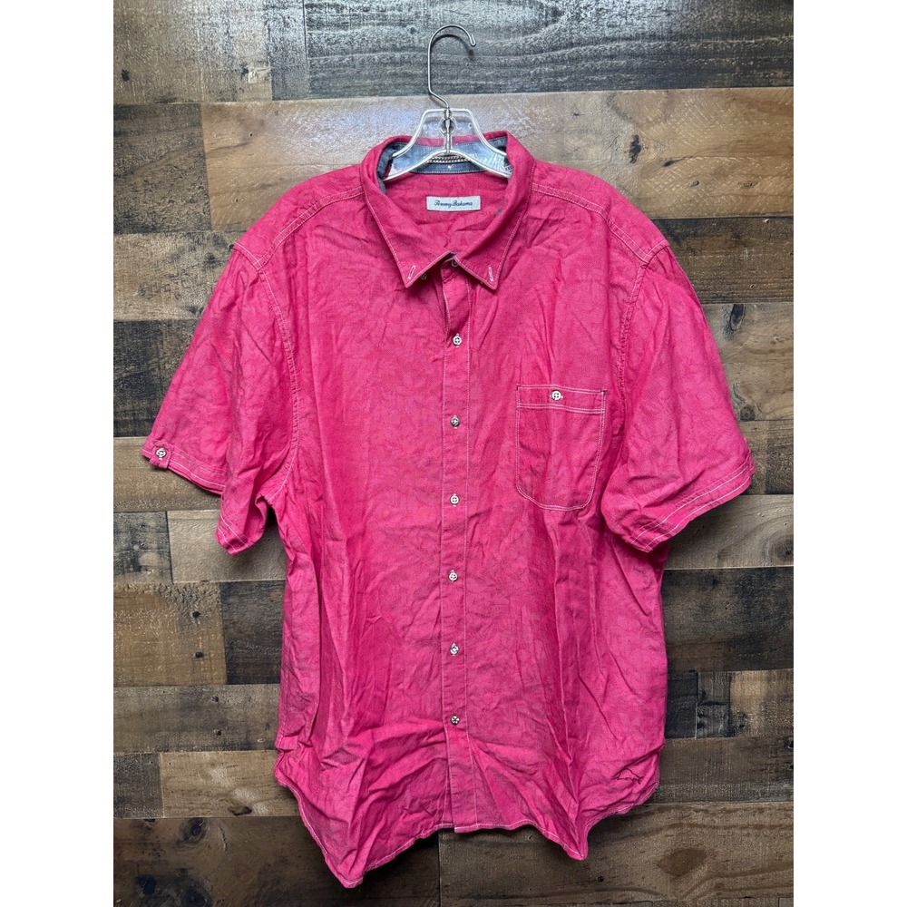 Tommy Bahama Mens XXL Pink Jacquard Floral Cotton Short Sleeve Button Down Shirt